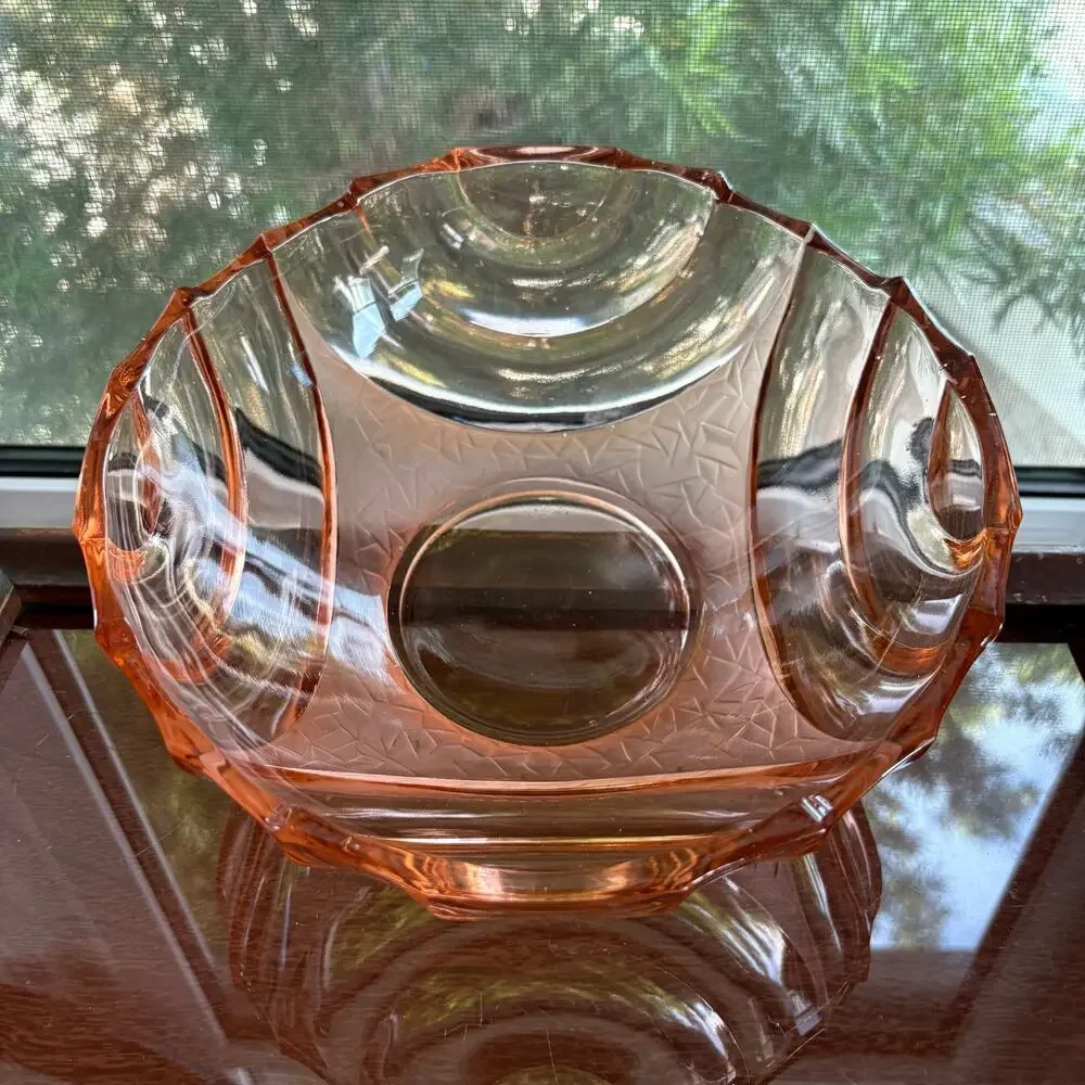 Vintage Pink Pressed Glass Bowl Made in Poland Art Deco Scalloped Edge
